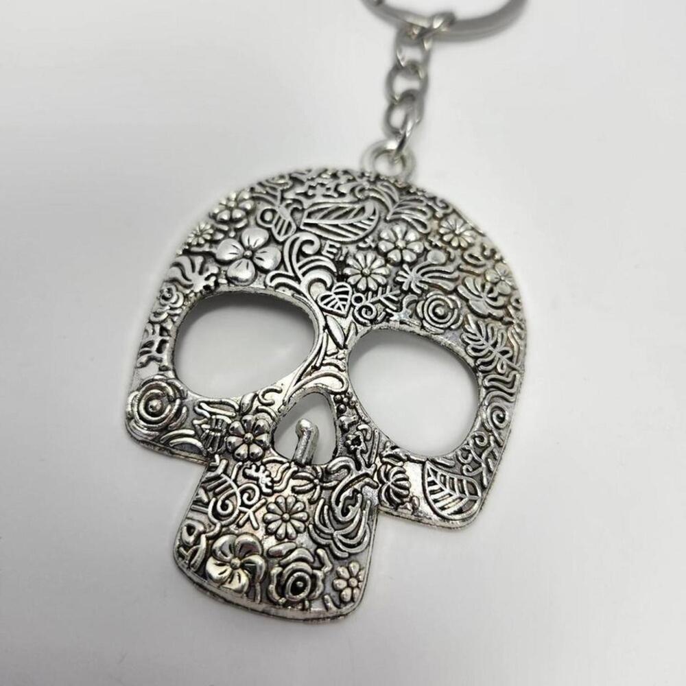 Floral Skull Keychain Silver Tone 2.5” Day of the Dead Style Gothic Boho